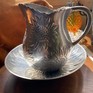 Sunflower,aluminum pitcher and bowl,kitchen, vase,spring, centerpiece